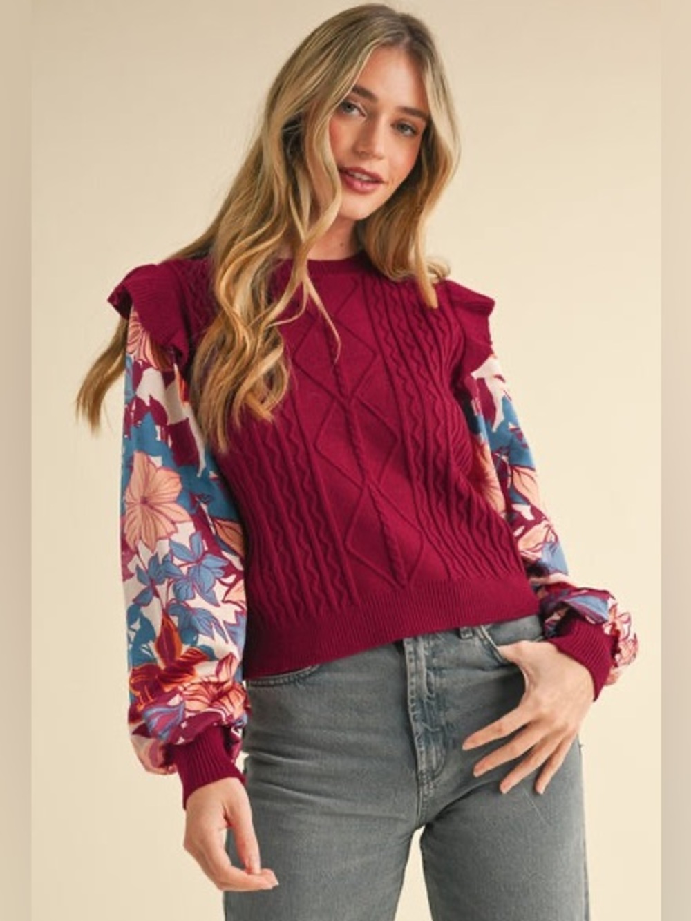 Impressions Burgundy Cable Knit Sweater with Floral Long Sleeves
